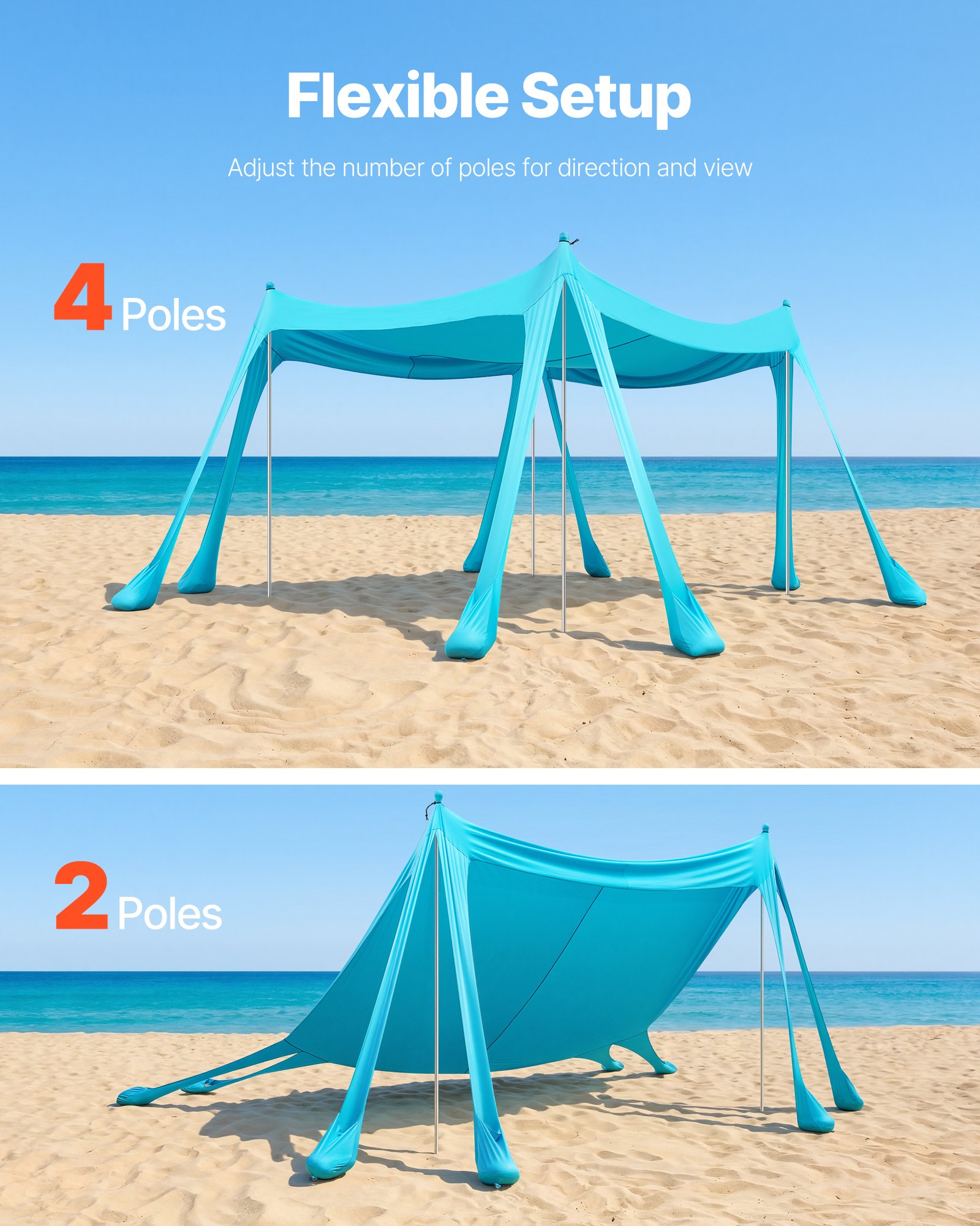 VEVOR Tienda de Playa Desplegable 3,0 x 3,0 m, 2 m de Alto, Toldo de Playa Portátil, Protección UPF 50+, con Palas y Anclaje de Arena Estacas de Tierra, para Vacaciones Viajes Camping, Verde Turquesa
