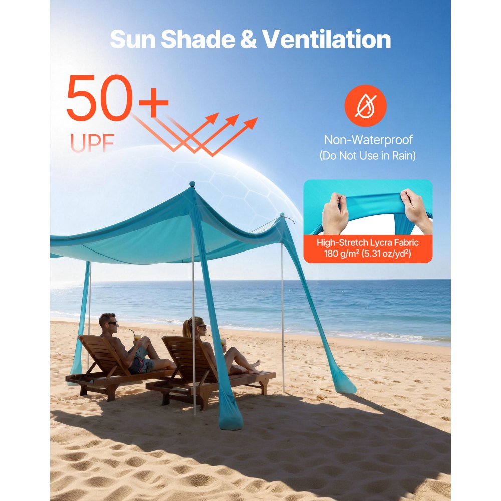 VEVOR Tienda de Playa Desplegable 3,0 x 3,0 m, Toldo de Playa Portátil, 2 m de Alto, Protección UPF 50+, 4 Polos con Sacos y Palas de Arena, Carpa Solar para Vacaciones Viajes Camping, Verde Turquesa
