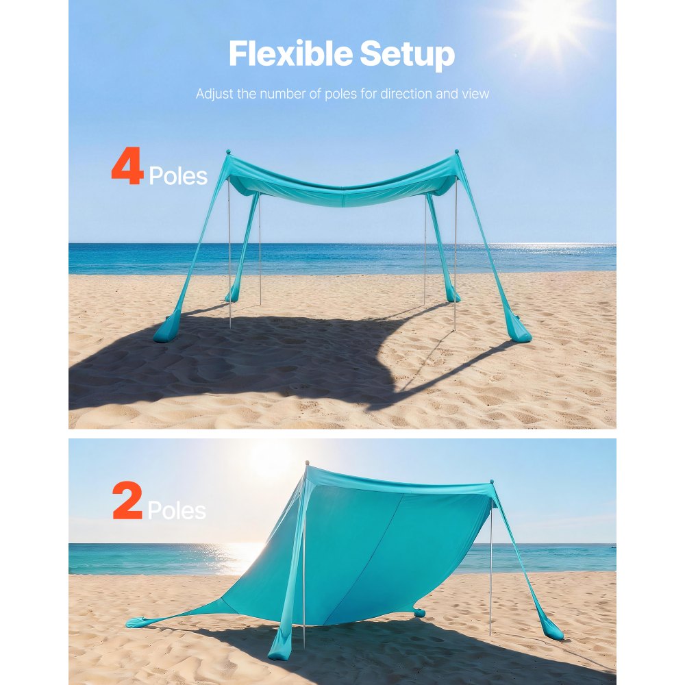 VEVOR Tienda de Playa Desplegable 3,0 x 3,0 m, Toldo de Playa Portátil, 2 m de Alto, Protección UPF 50+, 4 Polos con Sacos y Palas de Arena, Carpa Solar para Vacaciones Viajes Camping, Verde Turquesa