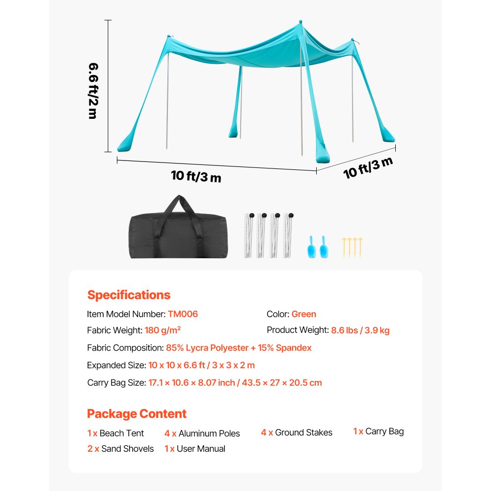 VEVOR Tienda de Playa Desplegable 3,0 x 3,0 m, Toldo de Playa Portátil, 2 m de Alto, Protección UPF 50+, 4 Polos con Sacos y Palas de Arena, Carpa Solar para Vacaciones Viajes Camping, Verde Turquesa