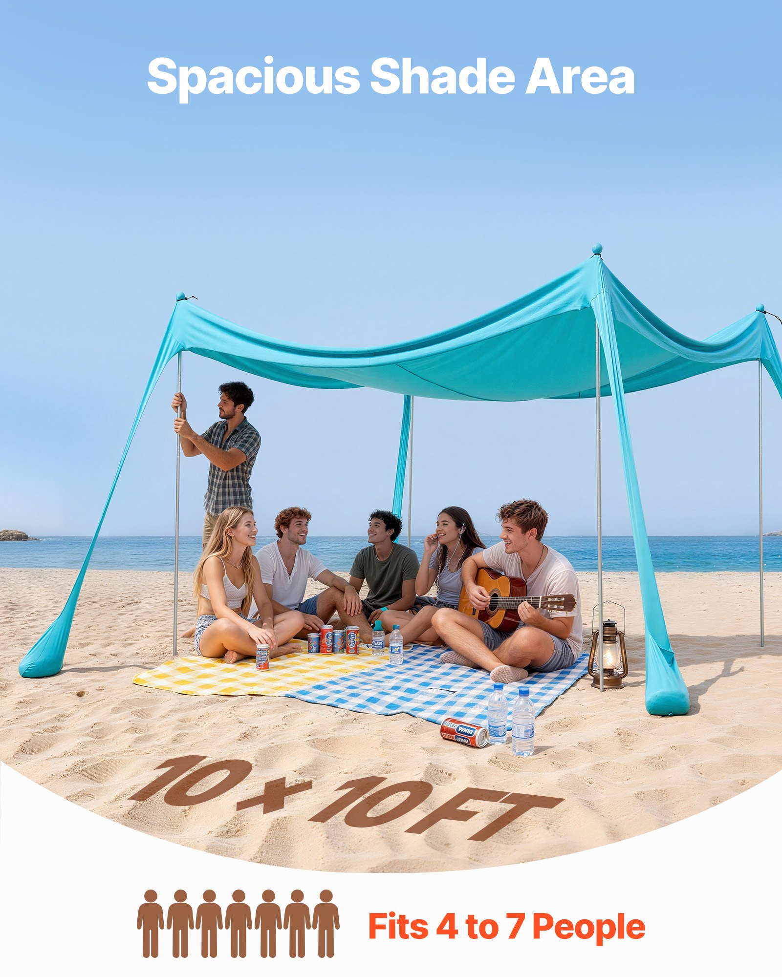 VEVOR Tienda de Playa Desplegable 3,0 x 3,0 m, Toldo de Playa Portátil, 2 m de Alto, Protección UPF 50+, 4 Polos con Sacos y Palas de Arena, Carpa Solar para Vacaciones Viajes Camping, Verde Turquesa