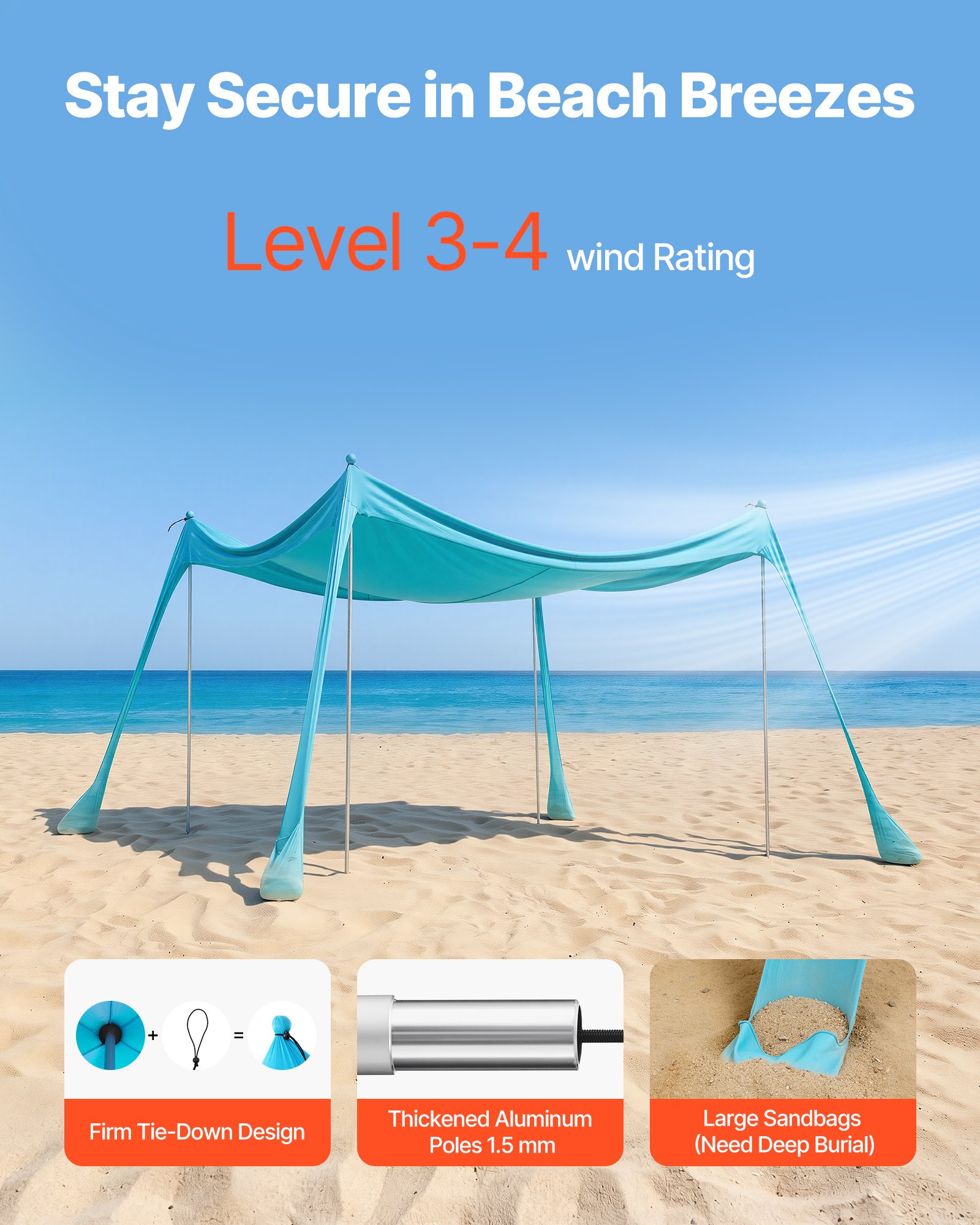 VEVOR Tienda de Playa Desplegable 3,0 x 3,0 m, Toldo de Playa Portátil, 2 m de Alto, Protección UPF 50+, 4 Polos con Sacos y Palas de Arena, Carpa Solar para Vacaciones Viajes Camping, Verde Turquesa