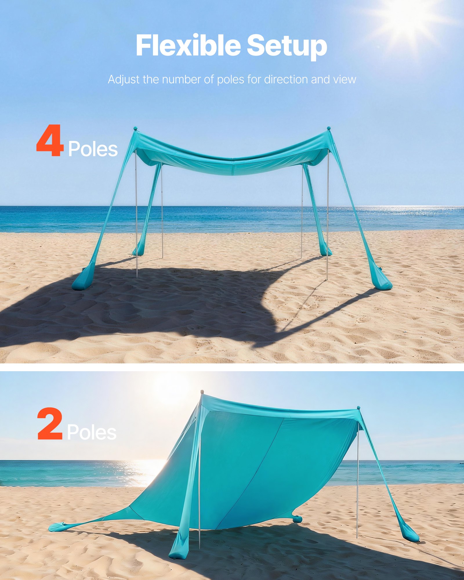 VEVOR Tienda de Playa Desplegable 3,0 x 3,0 m, Toldo de Playa Portátil, 2 m de Alto, Protección UPF 50+, 4 Polos con Sacos y Palas de Arena, Carpa Solar para Vacaciones Viajes Camping, Verde Turquesa