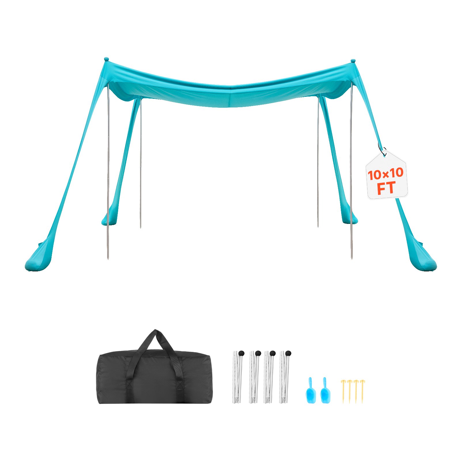 VEVOR Tienda de Playa Desplegable 3,0 x 3,0 m, Toldo de Playa Portátil, 2 m de Alto, Protección UPF 50+, 4 Polos con Sacos y Palas de Arena, Carpa Solar para Vacaciones Viajes Camping, Verde Turquesa