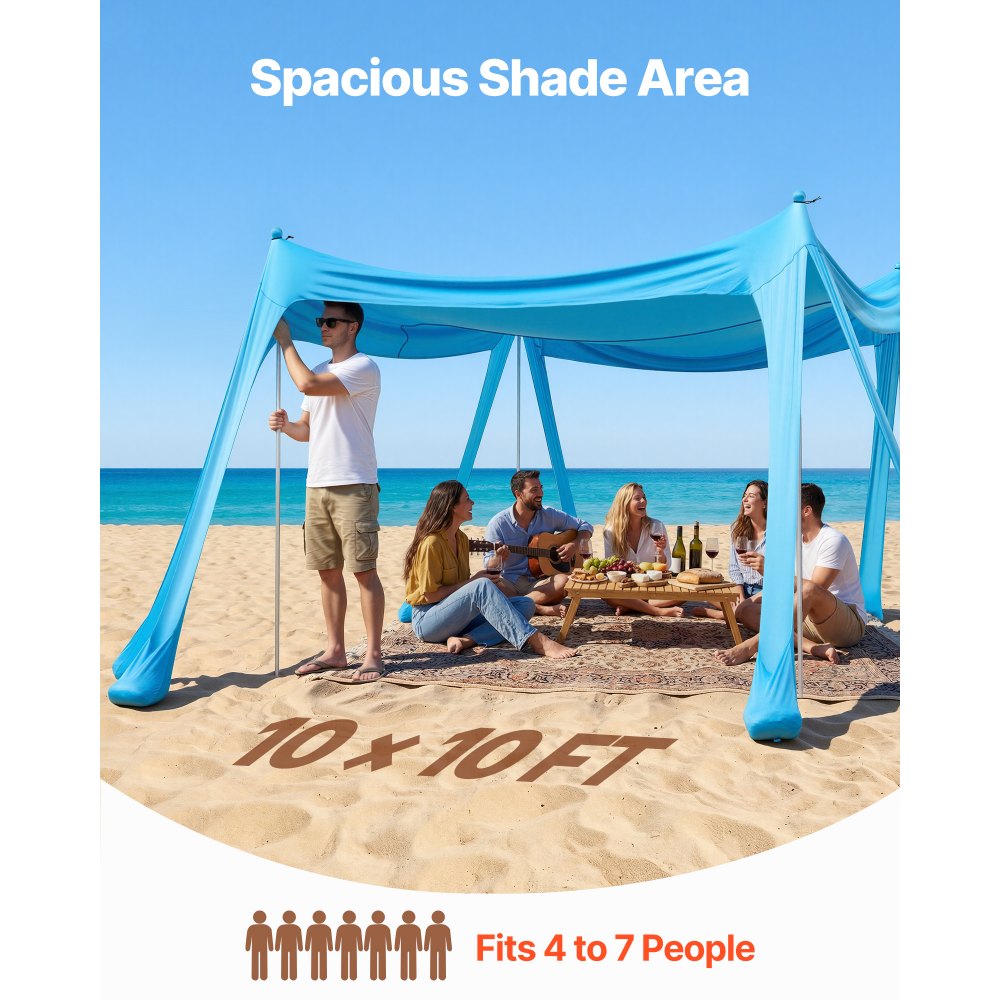VEVOR Tienda de Playa Desplegable 3,0 x 3,0 m, Toldo de Playa Portátil, 2 m de Alto, Protección UPF 50+, con Palas y Anclaje de Arena Estacas de Tierra, para Vacaciones Viajes Camping, Color Azul