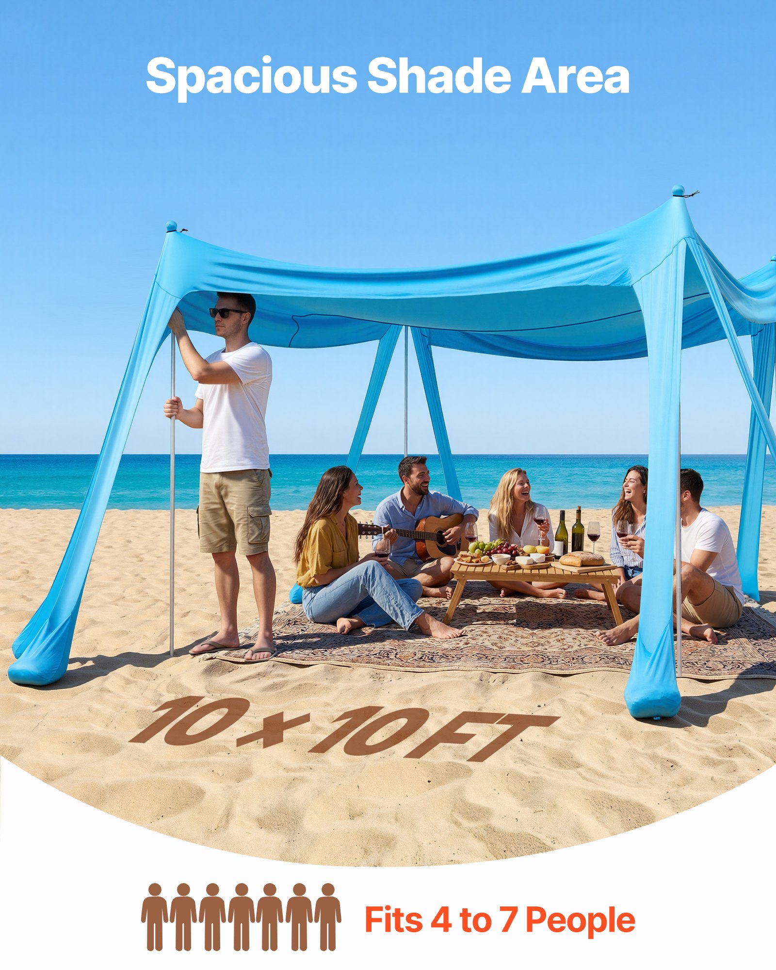 VEVOR Tienda de Playa Desplegable 3,0 x 3,0 m, Toldo de Playa Portátil, 2 m de Alto, Protección UPF 50+, con Palas y Anclaje de Arena Estacas de Tierra, para Vacaciones Viajes Camping, Color Azul