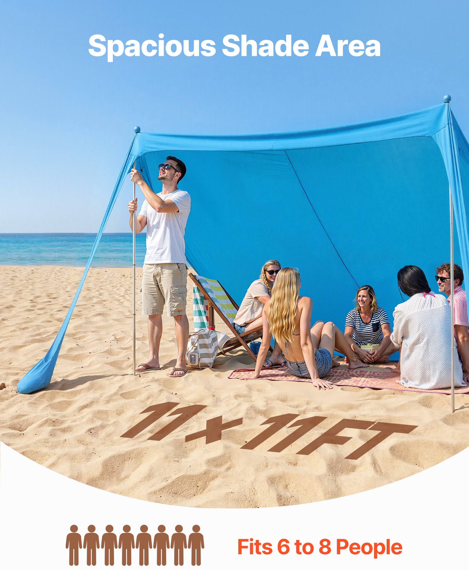 VEVOR Tienda de Playa Desplegable 3,4 x 3,4 m, , 2 m de Alto, Toldo Portátil de Playa, Protección UPF 50+, con 2 Polos 2 Palas de Arena 4 Estacas de Tierra, para Viajes Vacaciones Camping, Color Azul