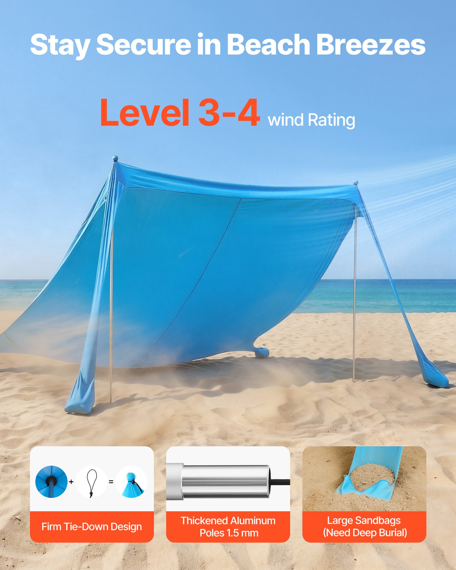 VEVOR Tienda de Playa Desplegable 3,4 x 3,4 m, , 2 m de Alto, Toldo Portátil de Playa, Protección UPF 50+, con 2 Polos 2 Palas de Arena 4 Estacas de Tierra, para Viajes Vacaciones Camping, Color Azul