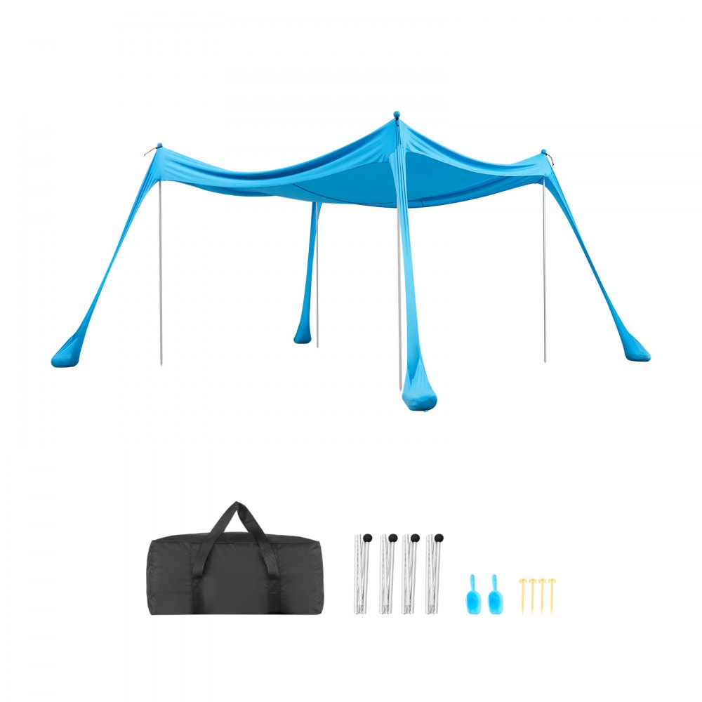 VEVOR Tienda de Playa Desplegable 3,0 x 3,0 m, Toldo de Playa Portátil, Protección UPF 50+, con 4 Estacas de Tierra y 4 Polos Anclaje de Arena, Refugio Solar para Vacaciones Viajes Camping, Color Azul