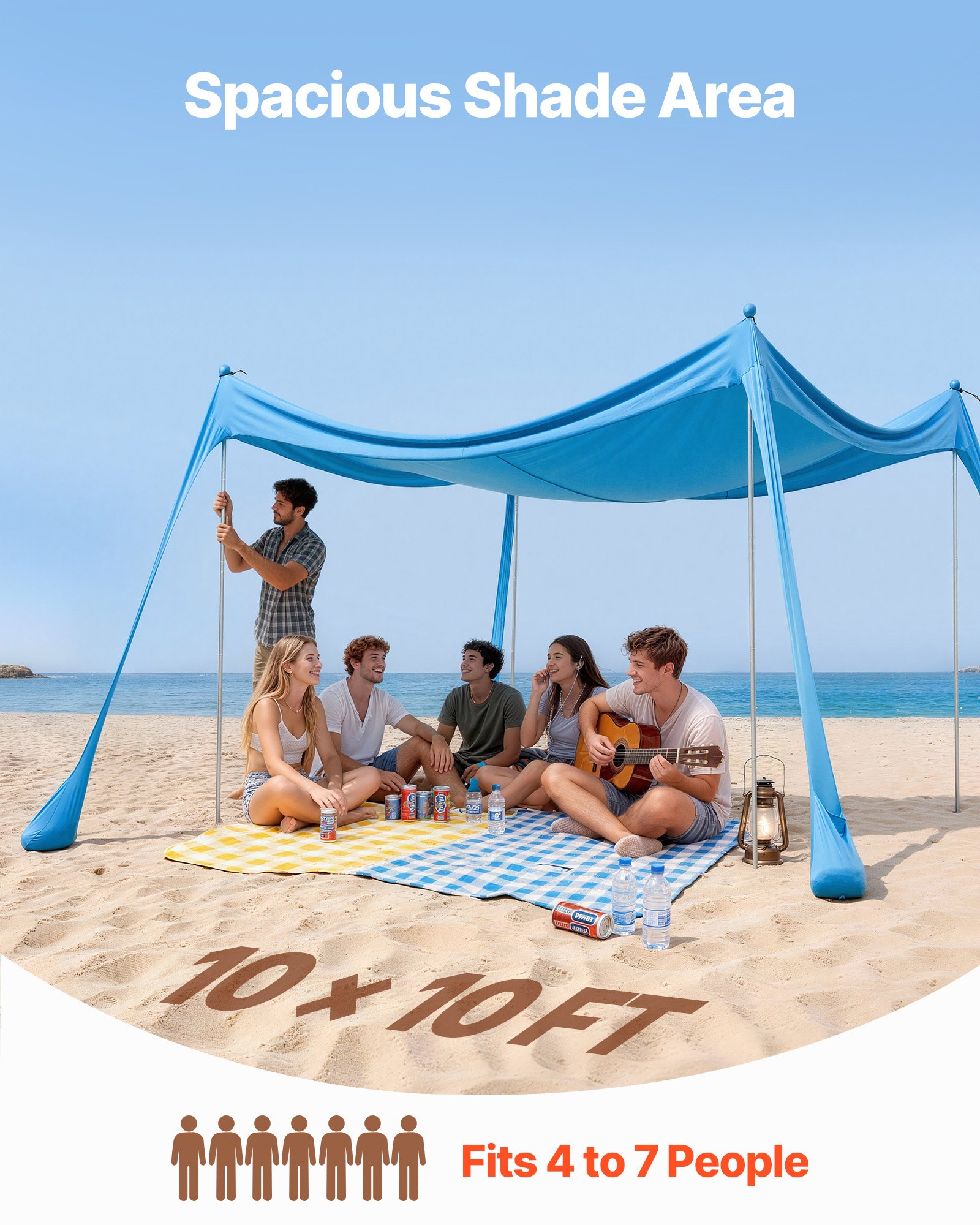 VEVOR Tienda de Playa Desplegable 3,0 x 3,0 m, Toldo de Playa Portátil, Protección UPF 50+, con 4 Estacas de Tierra y 4 Polos Anclaje de Arena, Refugio Solar para Vacaciones Viajes Camping, Color Azul
