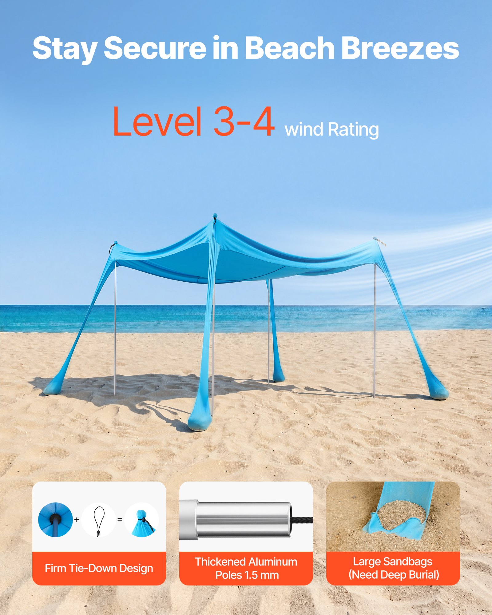 VEVOR Tienda de Playa Desplegable 3,0 x 3,0 m, Toldo de Playa Portátil, Protección UPF 50+, con 4 Estacas de Tierra y 4 Polos Anclaje de Arena, Refugio Solar para Vacaciones Viajes Camping, Color Azul