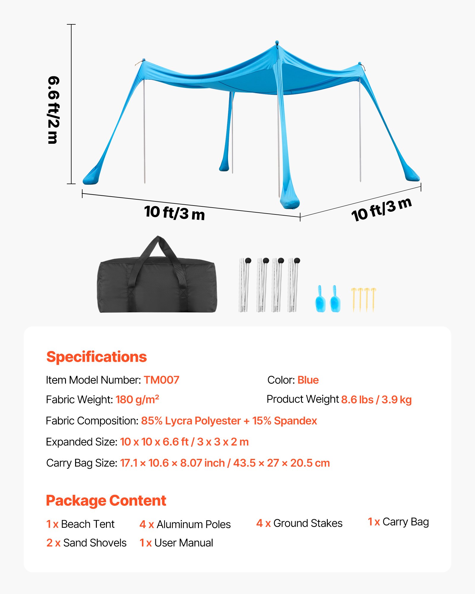 VEVOR Tienda de Playa Desplegable 3,0 x 3,0 m, Toldo de Playa Portátil, Protección UPF 50+, con 4 Estacas de Tierra y 4 Polos Anclaje de Arena, Refugio Solar para Vacaciones Viajes Camping, Color Azul