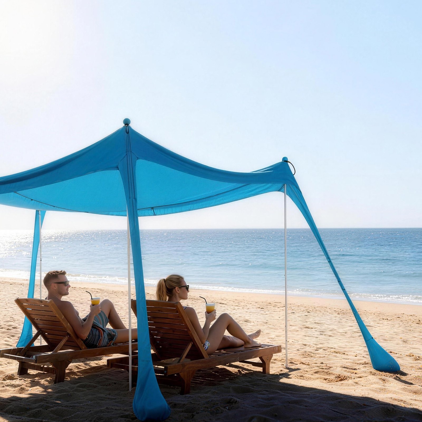 VEVOR Tienda de Playa Desplegable 3,0 x 3,0 m, Toldo de Playa Portátil, Protección UPF 50+, con 4 Estacas de Tierra y 4 Polos Anclaje de Arena, Refugio Solar para Vacaciones Viajes Camping, Color Azul