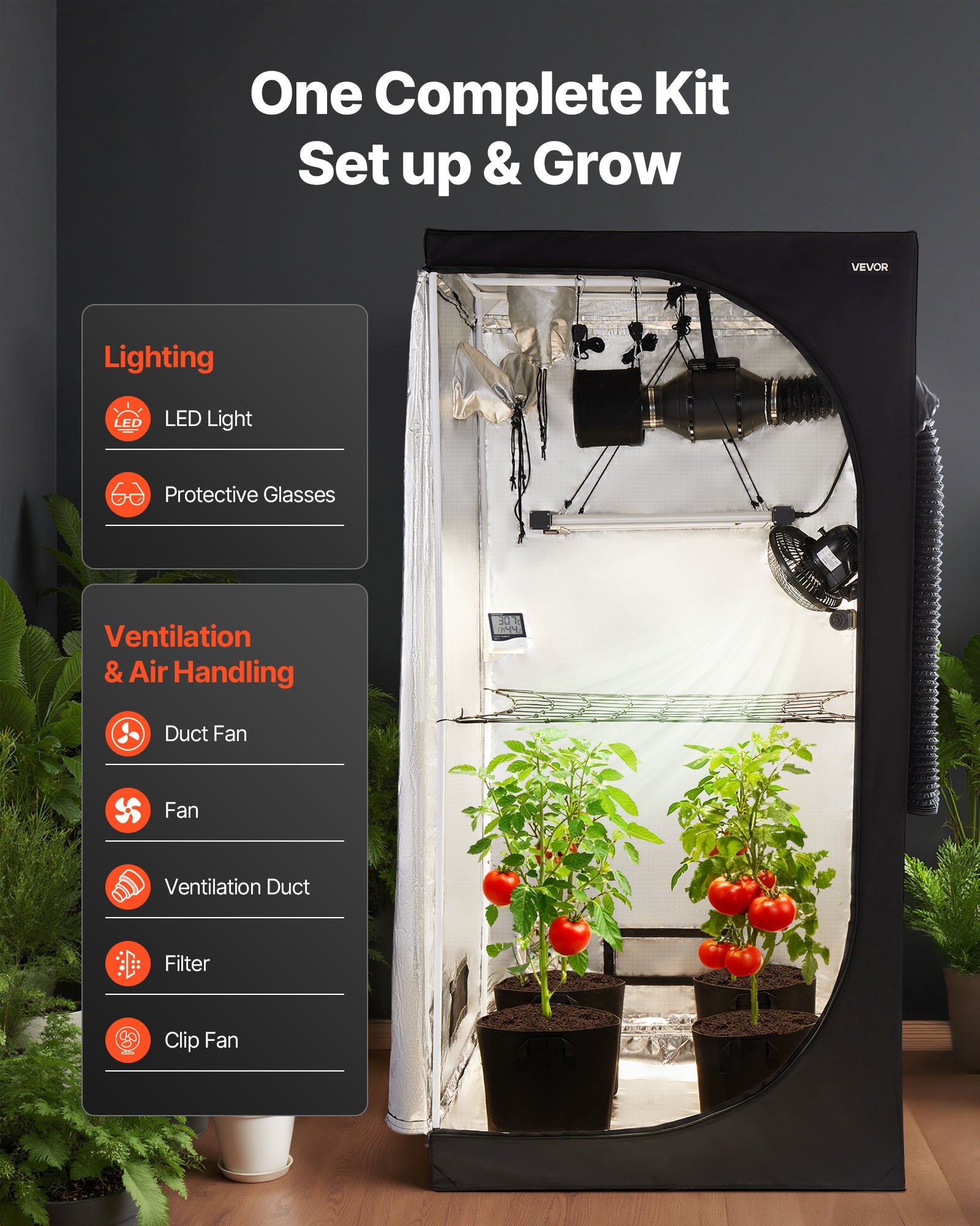 VEVOR Armario de Cultivo Interior 100x100x200 cm, Carpa de Cultivo con luz LED de Espectro Completo y Sistema de Ventilación, Mylar 600D de Alta Reflectancia, Tienda para Plantas, Flores, Verduras