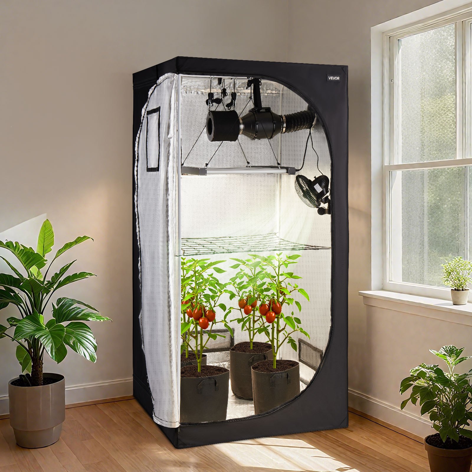 VEVOR Armario de Cultivo Interior 100x100x200 cm, Carpa de Cultivo con luz LED de Espectro Completo y Sistema de Ventilación, Mylar 600D de Alta Reflectancia, Tienda para Plantas, Flores, Verduras