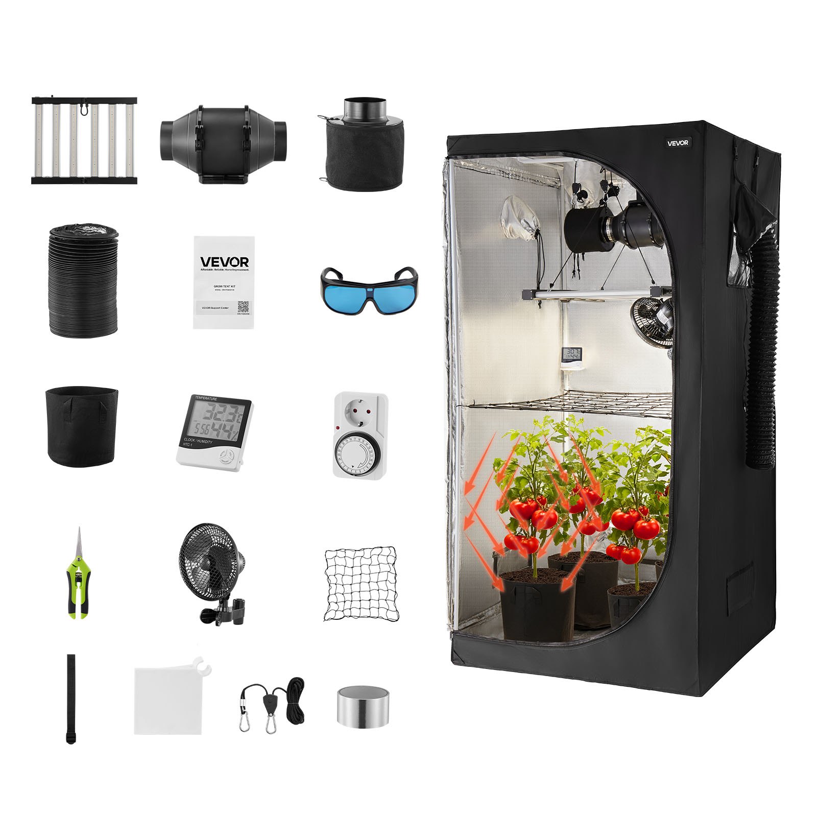 VEVOR Armario de Cultivo Interior 100x100x200 cm, Carpa de Cultivo con luz LED de Espectro Completo y Sistema de Ventilación, Mylar 600D de Alta Reflectancia, Tienda para Plantas, Flores, Verduras