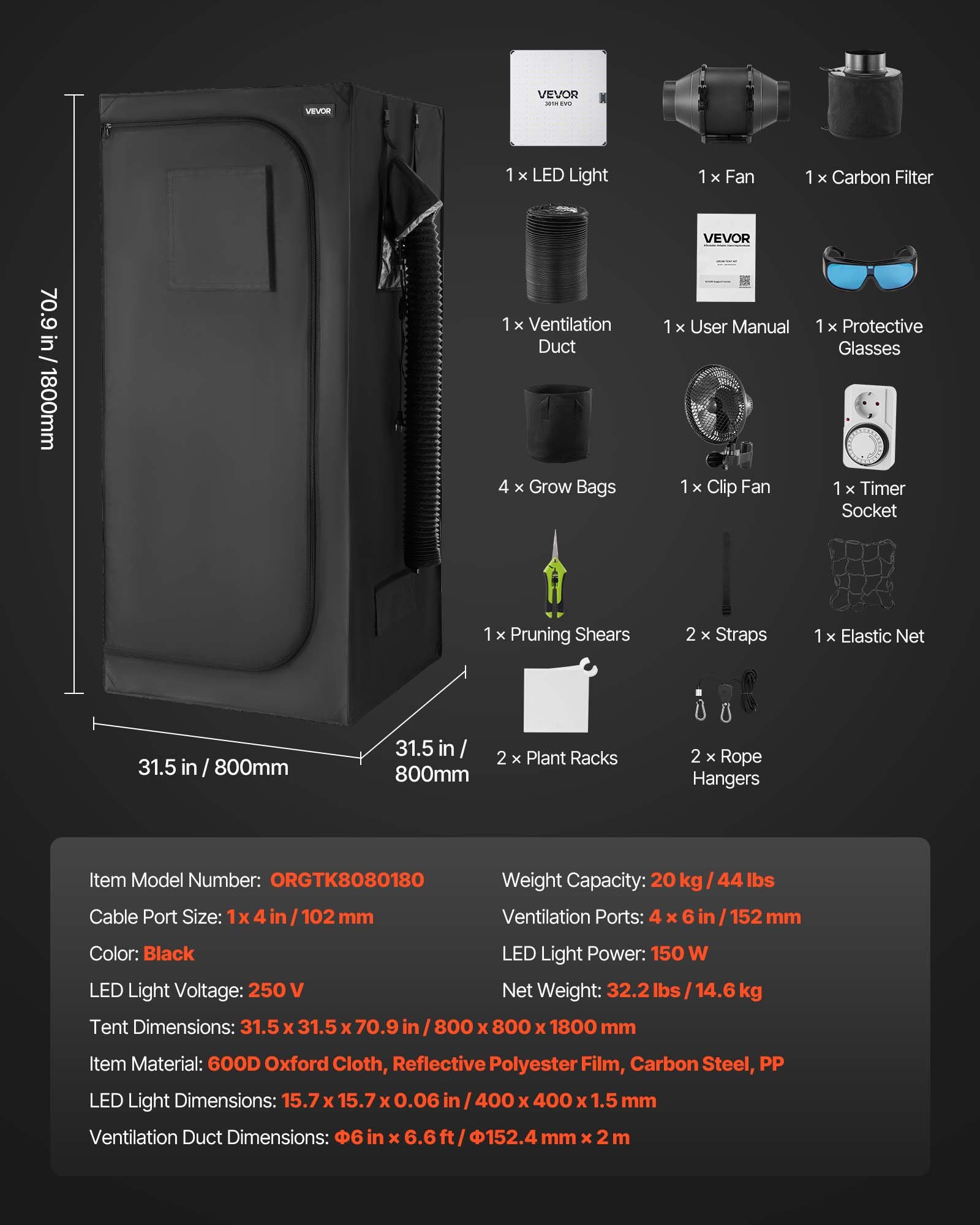 VEVOR Indoor Grow Tent Kit, 80 x 80 x 180 cm, Indoor Plant Tent with Full Spectrum LED Grow Light & Ventilation System, 600D High Reflective Mylar, Growing Tents for Flower Veggie