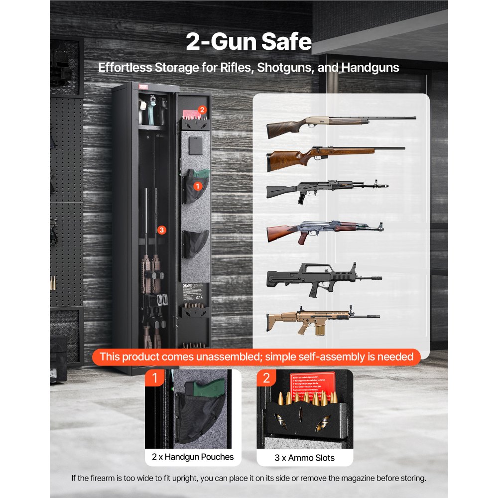 VEVOR Armario para Armas Largas con Cerradura con Llave y Contraseña, Caja Fuerte para 4 Rifles con 3 Ranuras para Munición y 2 Estantes Ajustables, 53,6 x 38,6 x 143 cm (Requiere Ensamblaje)