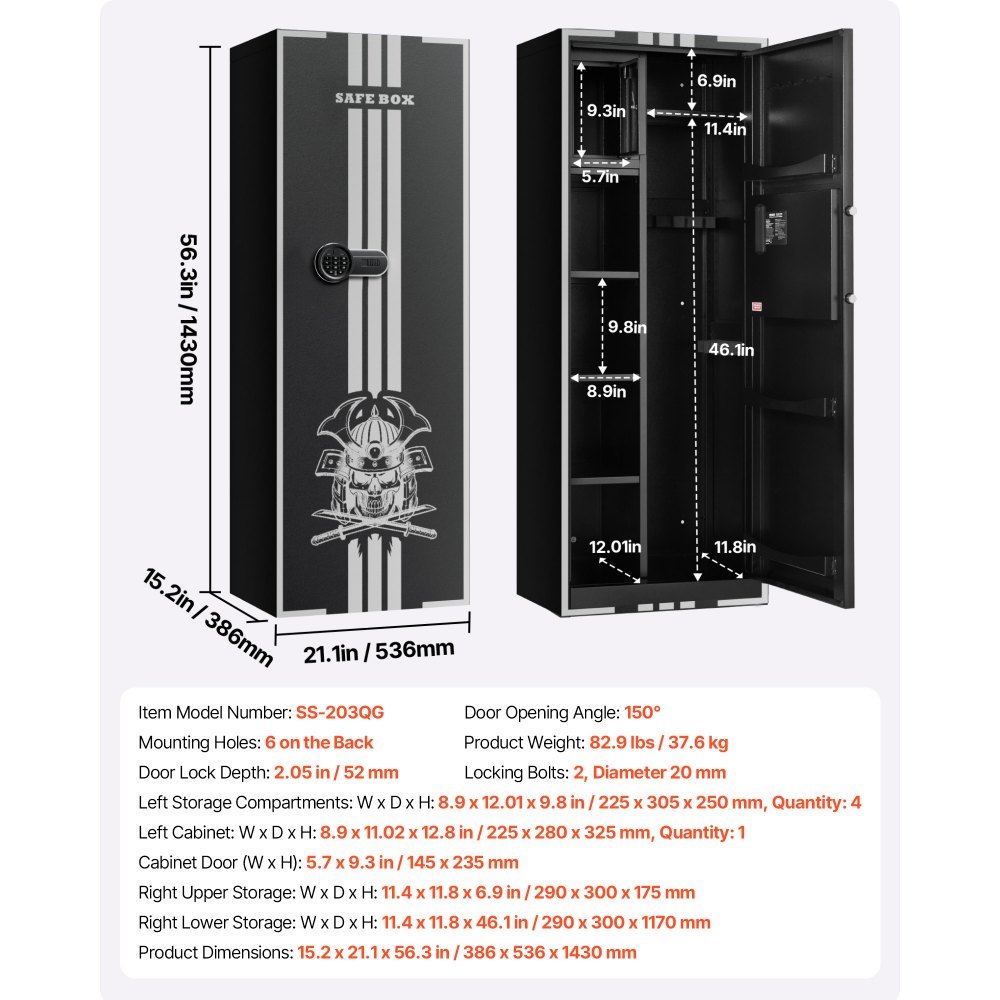 VEVOR Armario para Armas Largas con Cerradura con Llave y Contraseña, Caja Fuerte para 4 Rifles con 3 Ranuras para Munición y 2 Estantes Ajustables, 53,6 x 38,6 x 143 cm (Requiere Ensamblaje)