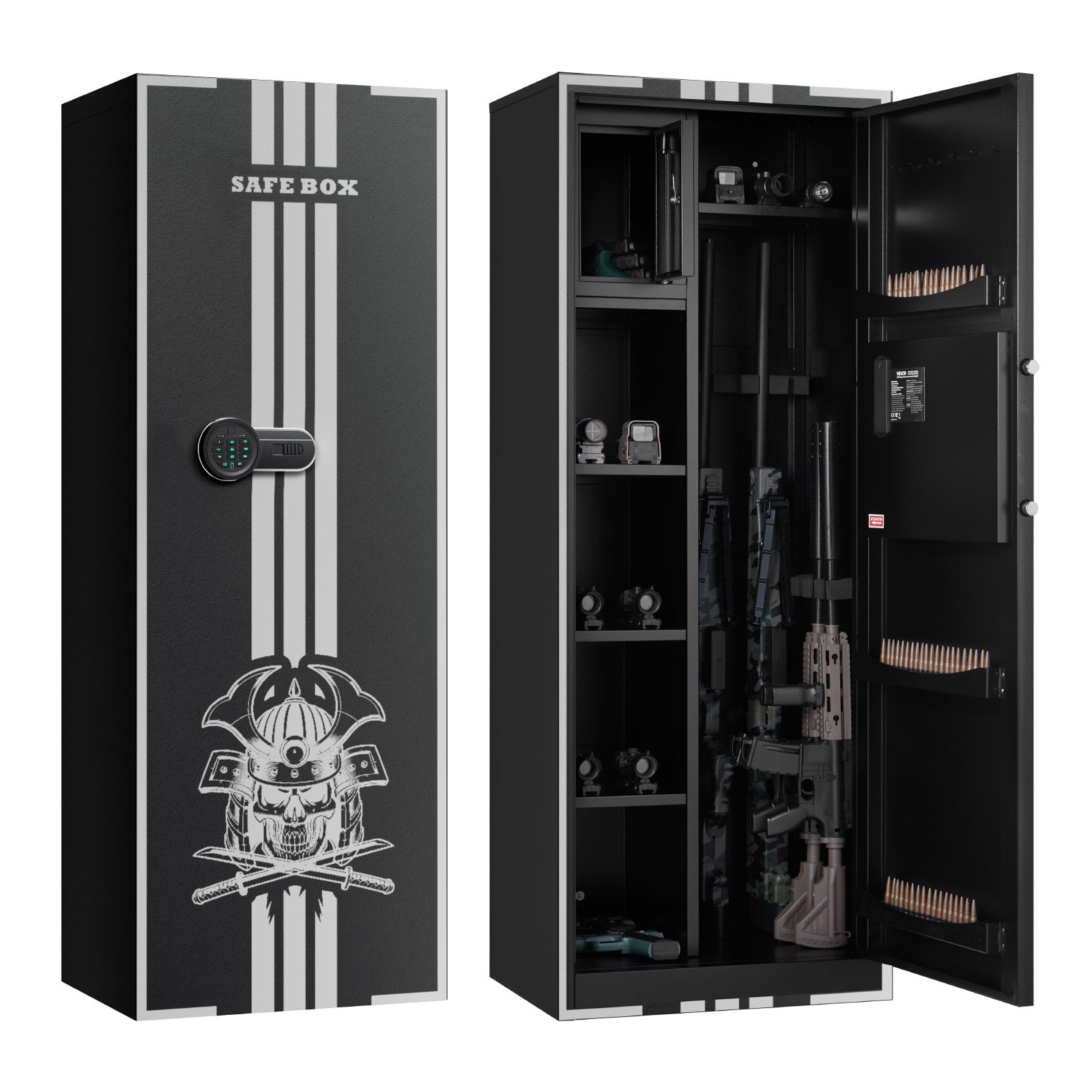 VEVOR Armario para Armas Largas con Cerradura con Llave y Contraseña, Caja Fuerte para 4 Rifles con 3 Ranuras para Munición y 2 Estantes Ajustables, 53,6 x 38,6 x 143 cm (Requiere Ensamblaje)