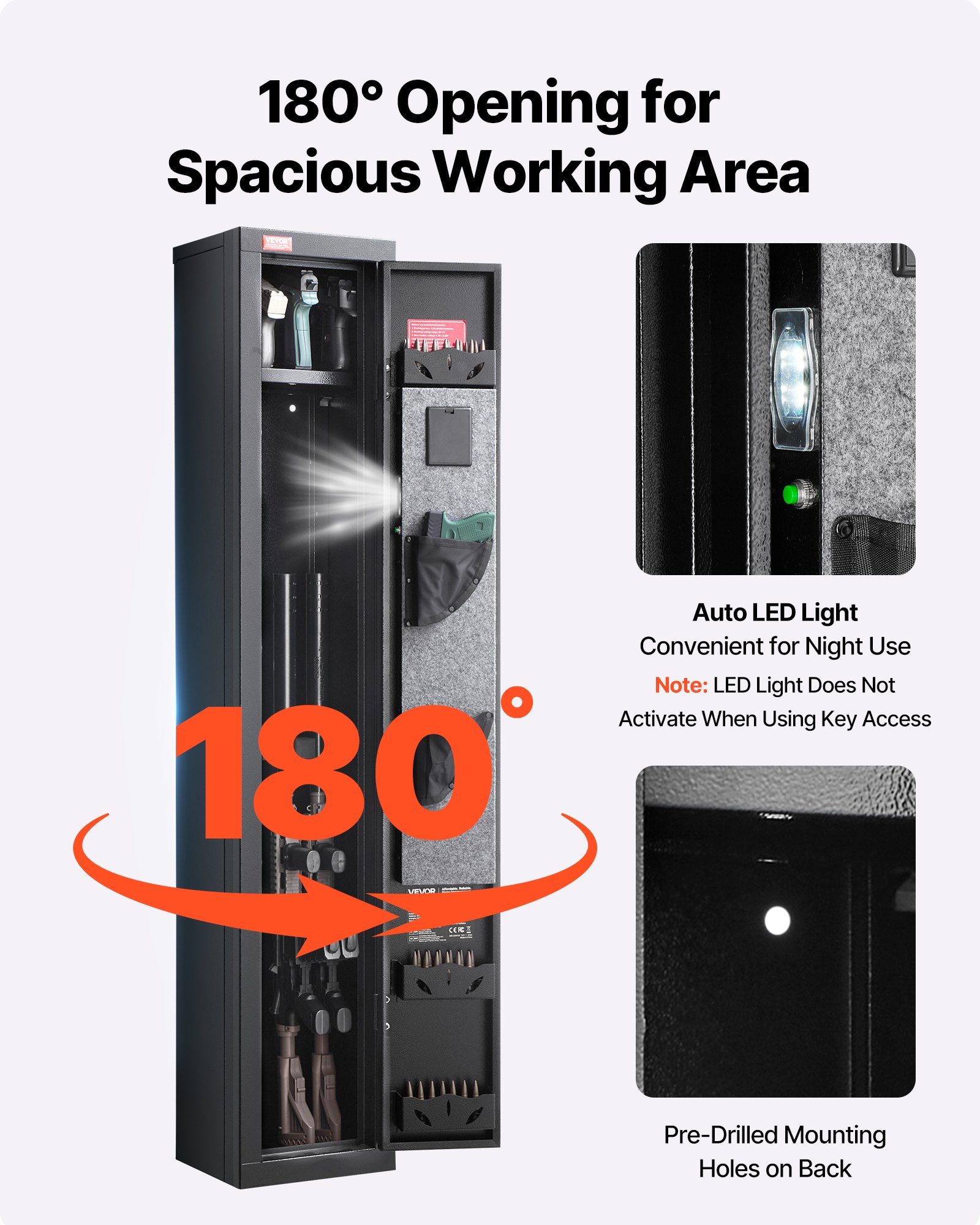 VEVOR Armario para Armas Largas, con Teclado Digital y Llave, Caja Fuerte para Rifles con Cargador, Iluminación LED y Soportes Ajustables, Control de Cerradura Inteligente, 250 x 220 x 1335 mm