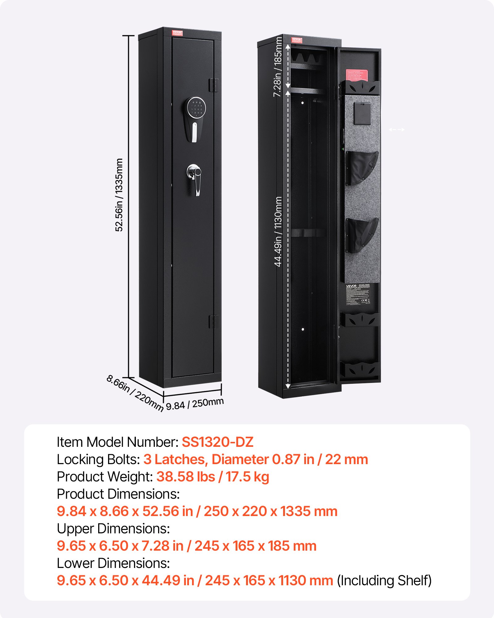 VEVOR Armario para Armas Largas, con Teclado Digital y Llave, Caja Fuerte para Rifles con Cargador, Iluminación LED y Soportes Ajustables, Control de Cerradura Inteligente, 250 x 220 x 1335 mm