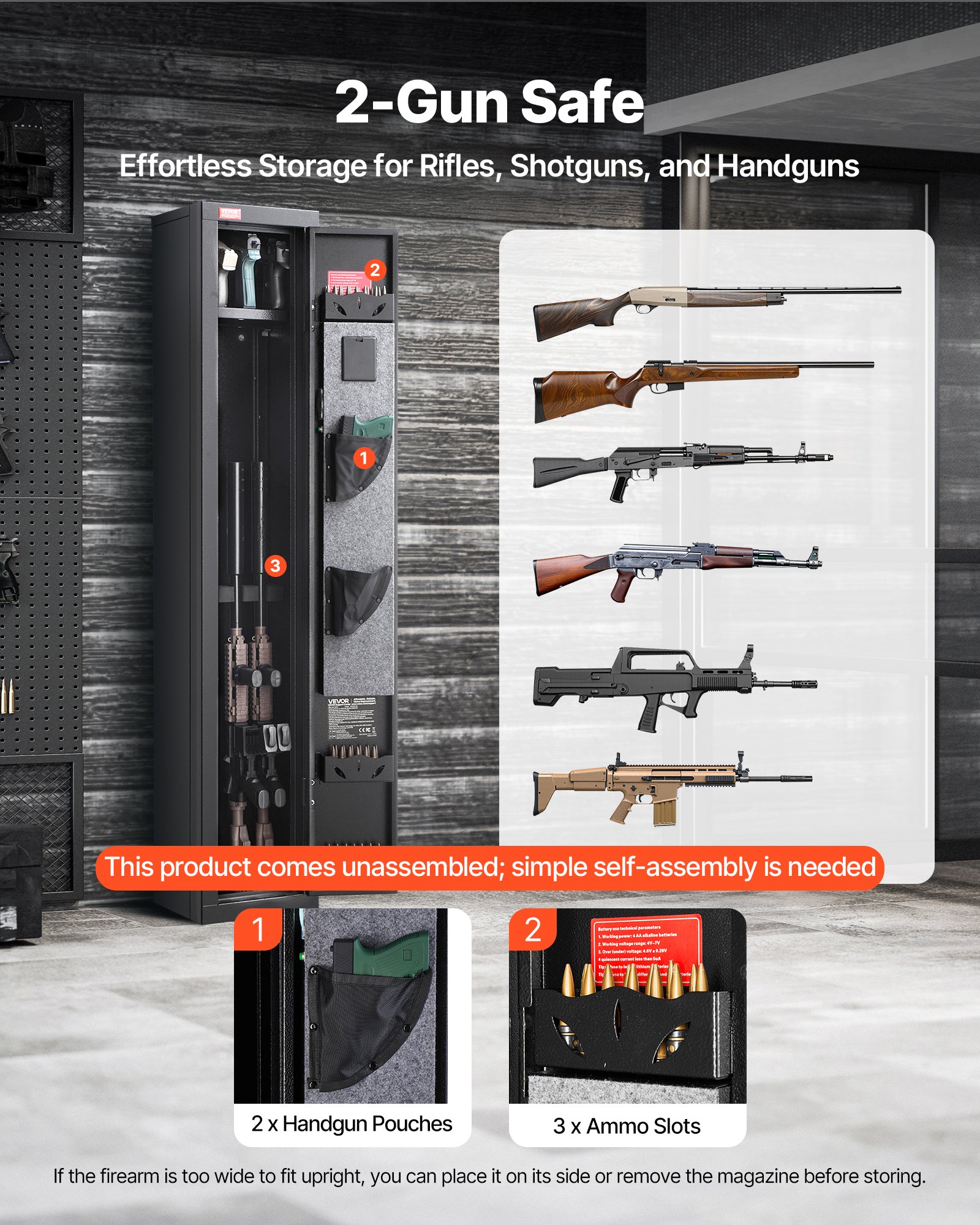 VEVOR Armario para Armas Largas, con Teclado Digital y Llave, Caja Fuerte para Rifles con Cargador, Iluminación LED y Soportes Ajustables, 250 x 220 x 1335 mm (Requiere Ensamblaje)