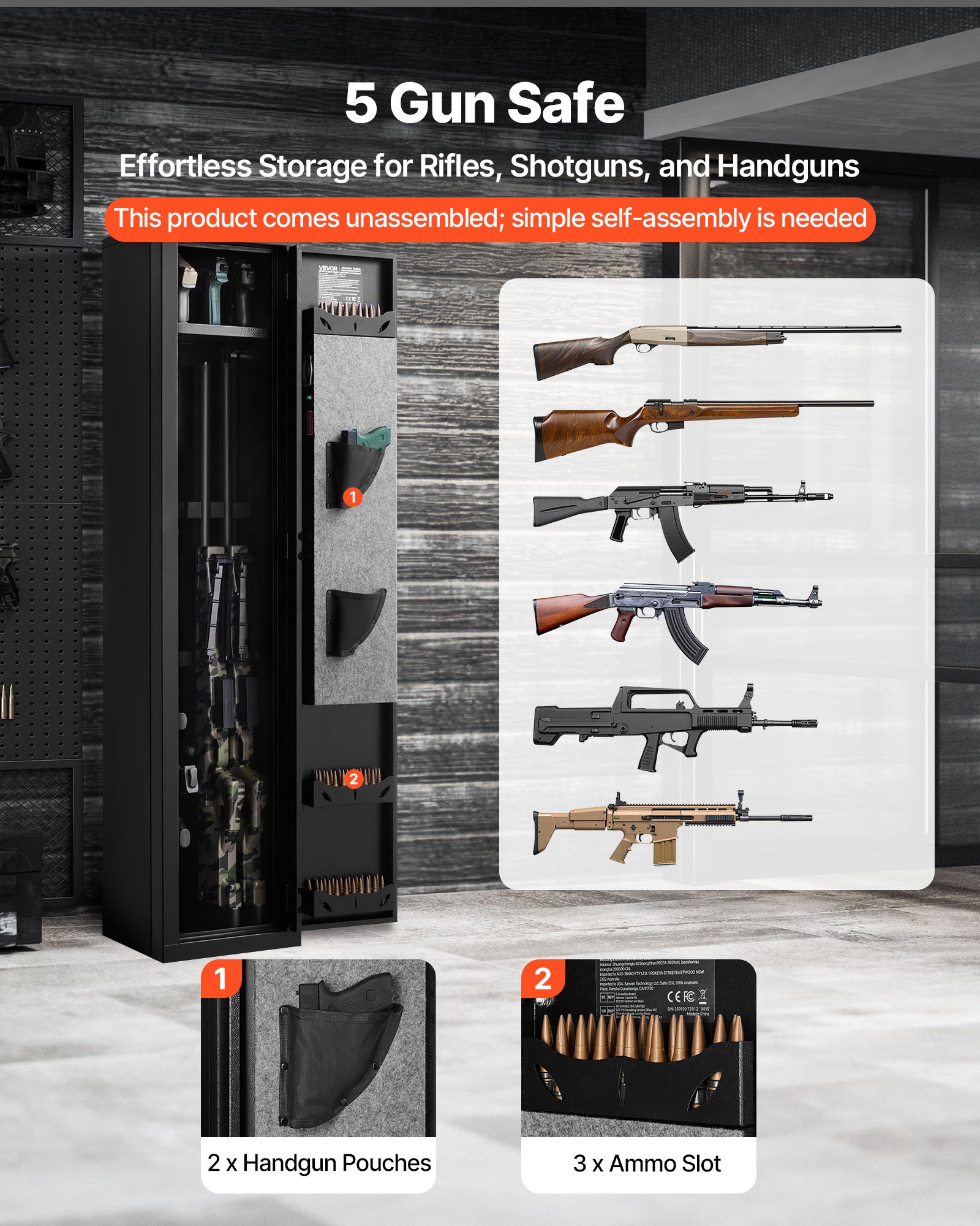 VEVOR Armario para Rifles de Acero Laminado en Frío, Caja Fuerte para Armas Largas con Llave, Estación de Carga y Luz LED, Soportes Ajustables, 300 x 280 x 1396 mm, Requiere Ensamblaje