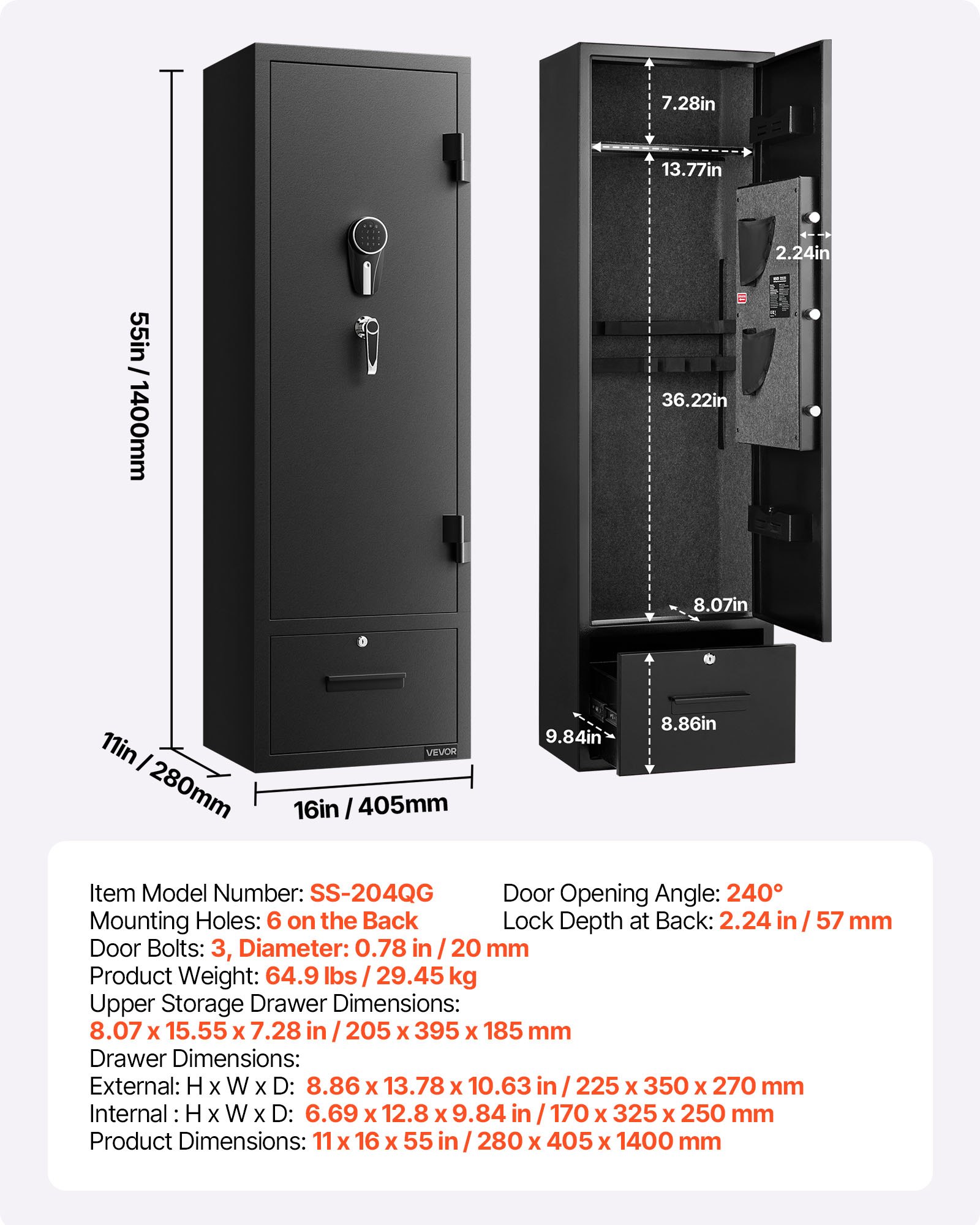 VEVOR Armario para Armas Largas con Cerradura con Contraseña, Caja Fuerte para 4 Rifles con 2 Compartimentos para Munición y 2 Estantes Ajustables, Armeros de Caza para Pistolas, 405 x 280 x 1400 mm