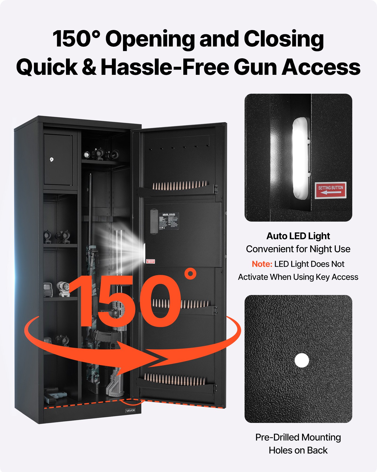 VEVOR Armario para Armas Largas con Cerradura con Contraseña, Caja Fuerte para Rifles con 3 Compartimentos para Munición y 2 Estantes Ajustables, para Pistolas, 536x386x1430 mm (Requiere Ensamblaje)