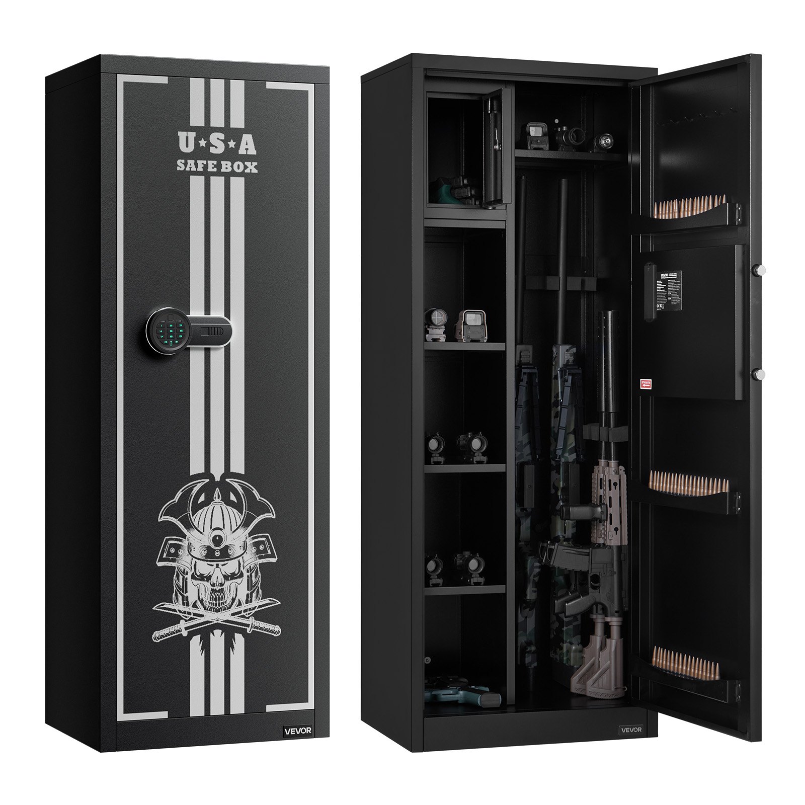 VEVOR Armario para Armas Largas con Cerradura con Contraseña, Caja Fuerte para Rifles con 3 Compartimentos para Munición y 2 Estantes Ajustables, para Pistolas, 536x386x1430 mm (Requiere Ensamblaje)