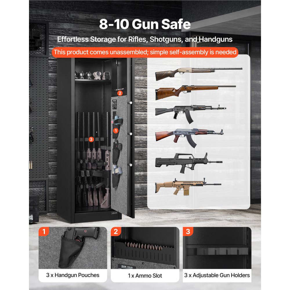 VEVOR 8-10 Gun Safe, Long Gun Cabinet for Rifles and Pistols, Quick Access Rifle Safe with 3 Pistol Pockets and Adjustable Racks, Large Digital Cabinet with Fingerprint and Password Lock