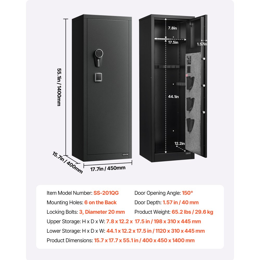 VEVOR 8-10 Gun Safe, Long Gun Cabinet for Rifles and Pistols, Quick Access Rifle Safe with 3 Pistol Pockets and Adjustable Racks, Large Digital Cabinet with Fingerprint and Password Lock