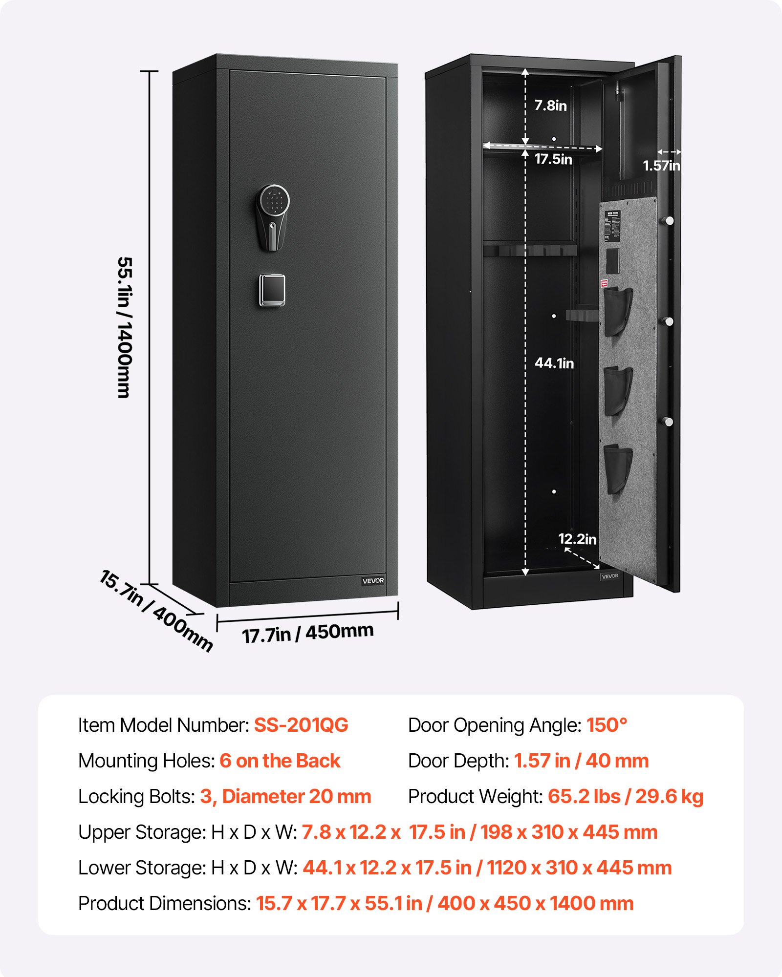 VEVOR 8-10 Gun Safe, Long Gun Cabinet for Rifles and Pistols, Quick Access Rifle Safe with 3 Pistol Pockets and Adjustable Racks, Large Digital Cabinet with Fingerprint and Password Lock