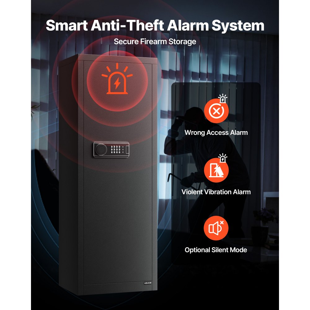 VEVOR Armario para Armas Largas con Cerradura con Contraseña, Caja Fuerte para 6-8 Rifles con 3 Compartimentos para Munición y 2 Estantes Ajustables, Armeros de Caza para Pistolas, 48x34,8x132 mm
