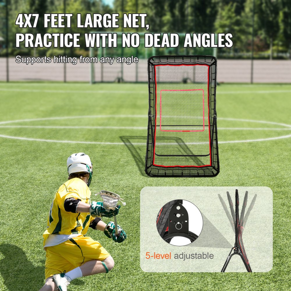 VEVOR Red de Rebote 122x213 cm Rebotador de Fútbol Lacrosse Voleibol Tres Configuraciones de Ángulo Objetivo de Béisbol Softbol Marco de Acero para Entrenamiento en Solitario en Interiores Exteriores