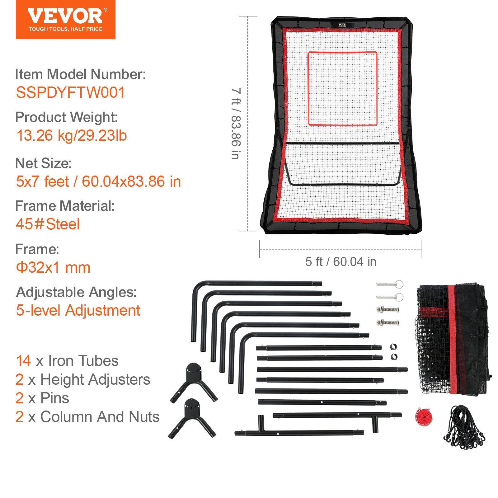 VEVOR Red de rebote Fútbol Rebounder Béisbol Lacrosse 152x213 cm Ajustable