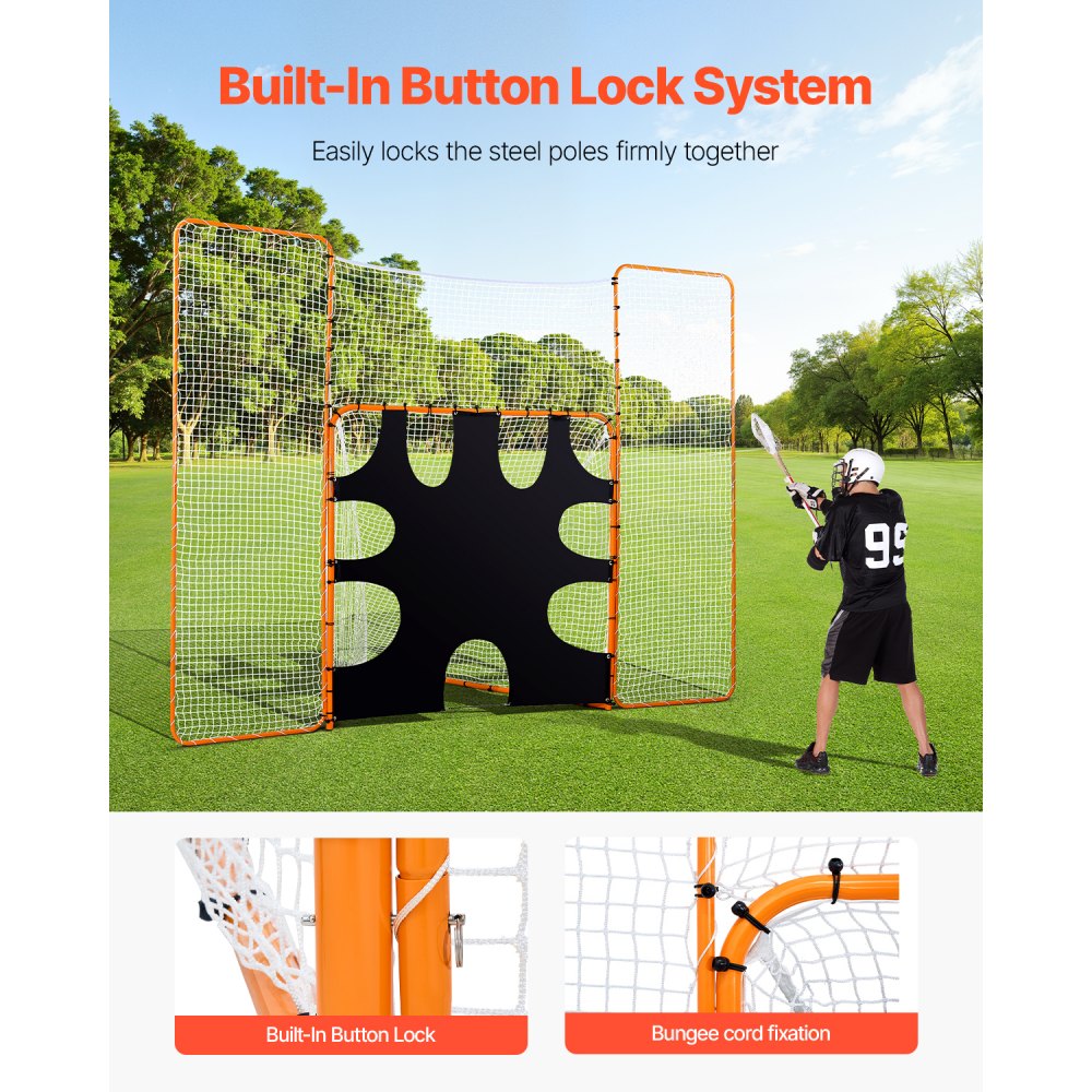 VEVOR Red de Lacrosse 3 en 1 de 3,6 x 2,7 m con Tope y Objetivo, Equipo de Rebote para Patio, Fácil de Instalar, con Estructura de Acero, Ideal para Entrenamiento de Jóvenes y Adultos, naranja