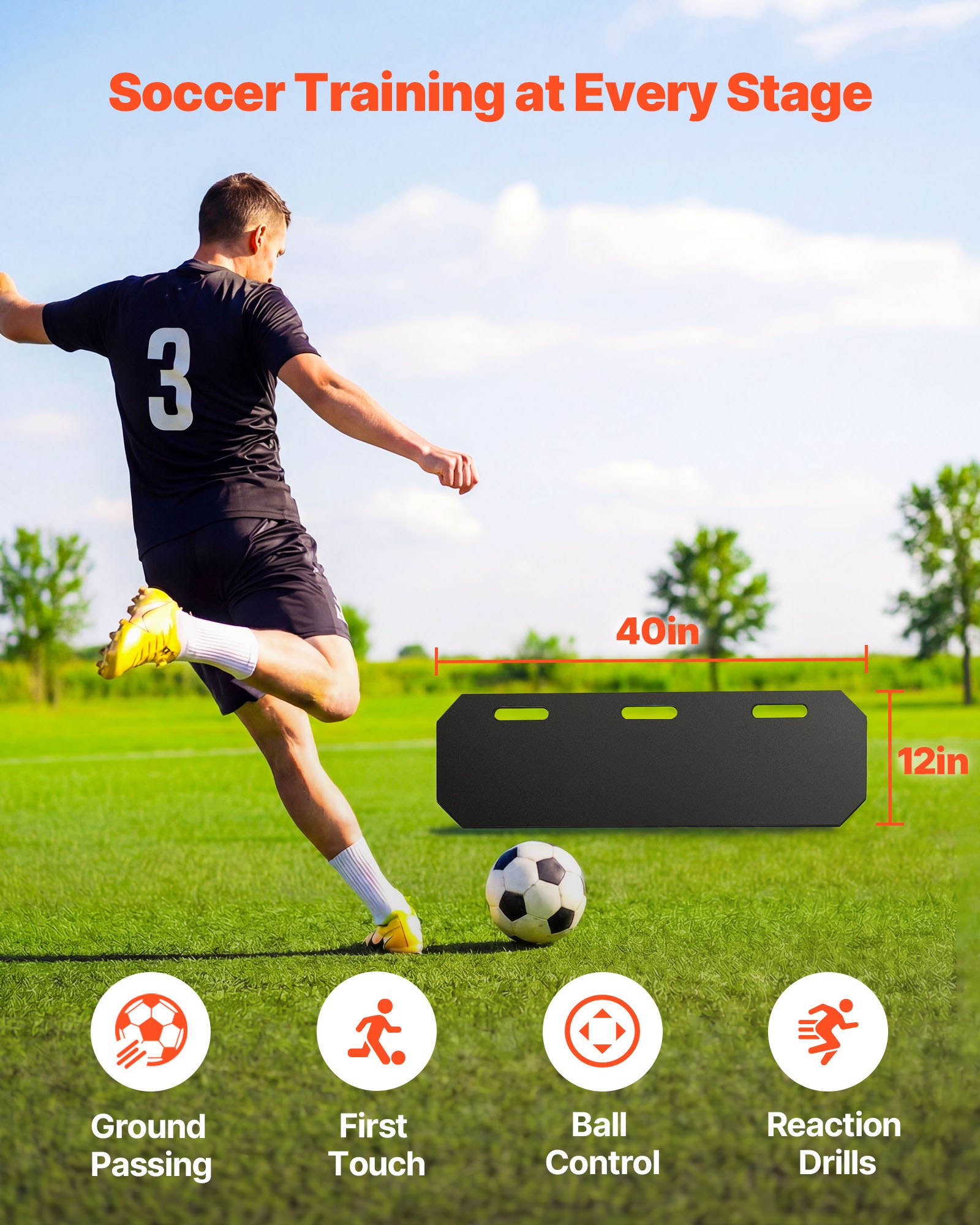 VEVOR Tablero de Rebote de Fútbol 100 x 30 cm, Reboteador de Fútbol Portátil, Panel de HDPE, 3 Ángulos Ajustables, Pared de Entrenamiento de Balón, para Practicar Pases y Habilidades de Reacción