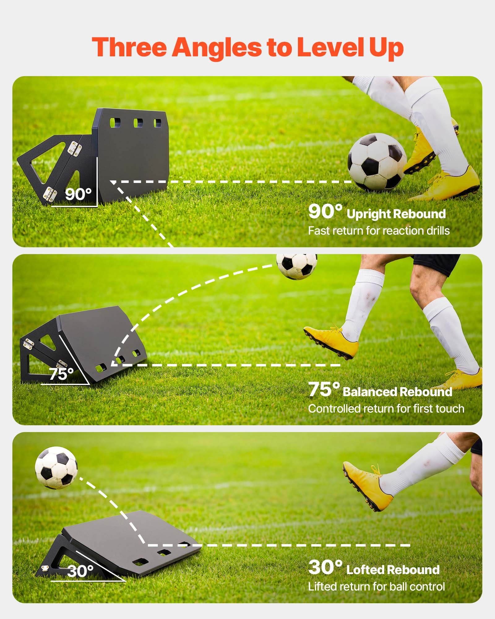 VEVOR Tablero de Rebote de Fútbol 100 x 30 cm, Reboteador de Fútbol Portátil, Panel de HDPE, 3 Ángulos Ajustables, Pared de Entrenamiento de Balón, para Practicar Pases y Habilidades de Reacción