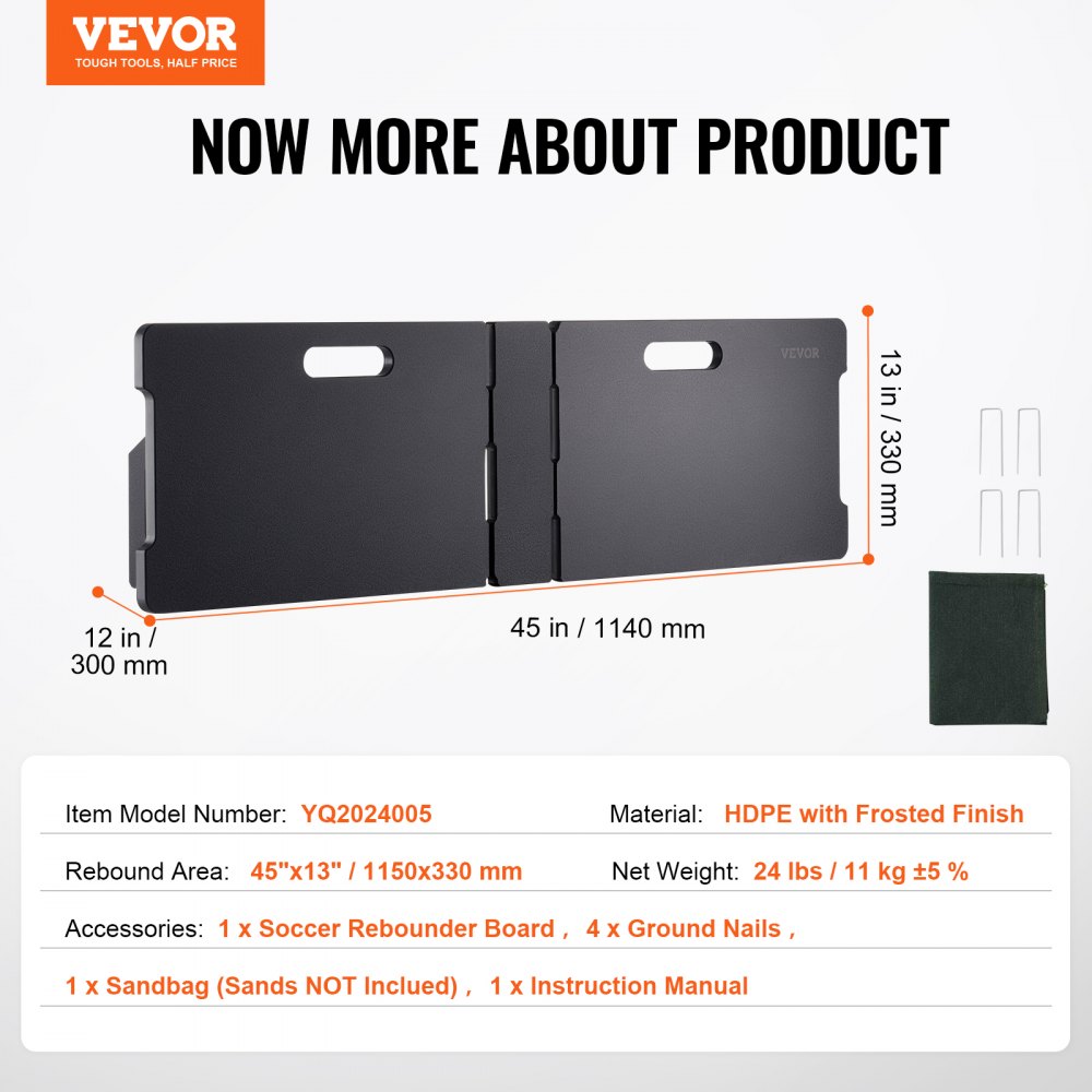 VEVOR Foldable Football Rebound Board, Portable Rebound Wall 115 x 330 cm, HDPE Rebounder Equipment with 2 Rebound Angles, Training Board Rebounder Kicker for Football Training