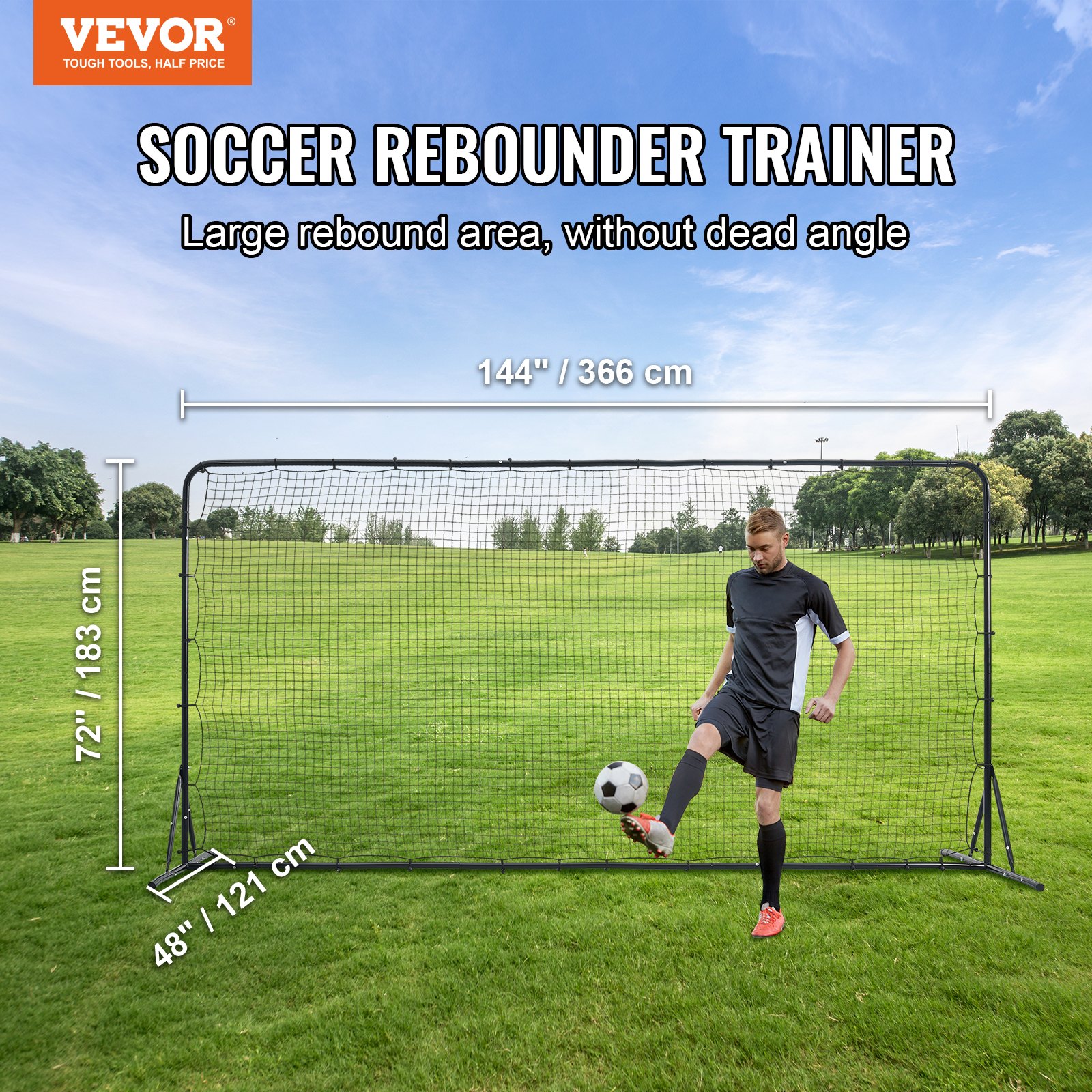 VEVOR Portería de Fútbol 366x121x183 cm Red Reboteadora de Fútbol Equipo Deportivo de Tubo de Hierro PE con Bolsa Portátil para Entrenamiento en Solitario, Entrenamiento en Equipo, Pases, Voleibol