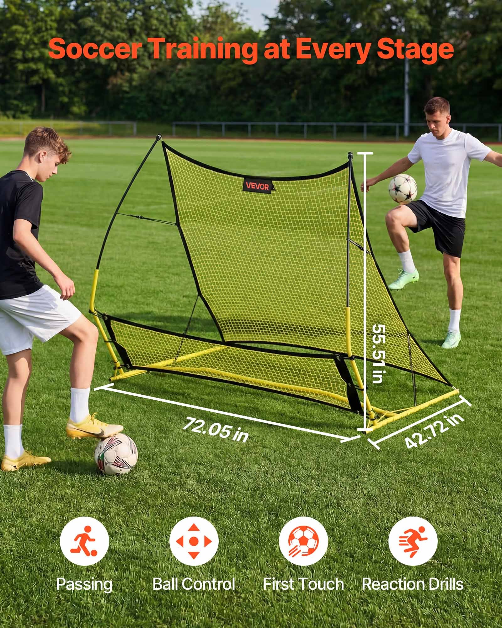 VEVOR Red de Rebote para Fútbol 1700 x 1500 mm, Portería de Fútbol, Postes de Fibra de Vidrio y Tubo de Hierro para Control Individual y en Equipo, Práctica de Pases, para Adolescentes y Adultos
