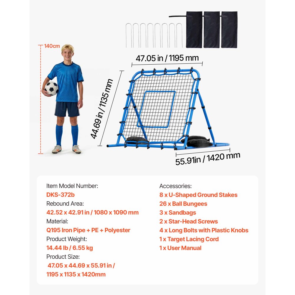 VEVOR Red de Rebote para Fútbol 1080 x 1090 mm, Rebotador de Fútbol con Ángulo de Cambio Rápido para Control, Estructura de Hierro y Red de PE, Práctica de Pases, para Adolescentes y Adultos, Azul