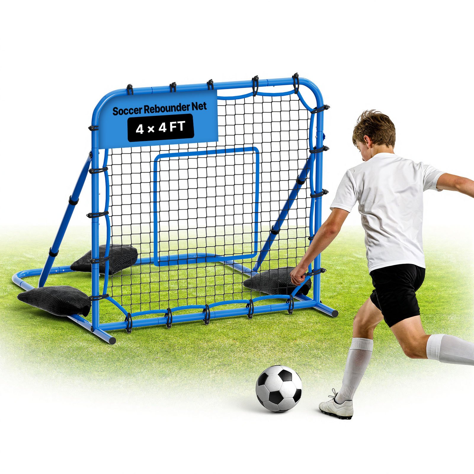 VEVOR Red de Rebote para Fútbol 1080 x 1090 mm, Rebotador de Fútbol con Ángulo de Cambio Rápido para Control, Estructura de Hierro y Red de PE, Práctica de Pases, para Adolescentes y Adultos, Azul