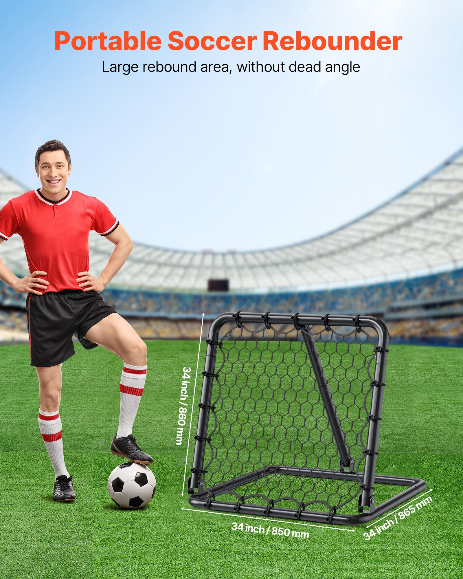 VEVOR Red de Rebote para Fútbol Portátil, Red de Portería con Ángulos Ajustables, Ayudas y Equipos a Niños, Adolescentes y Todas las Edades, Fácil Instalación y Almacenamiento Perfecto, 50,8 x 50,8 mm