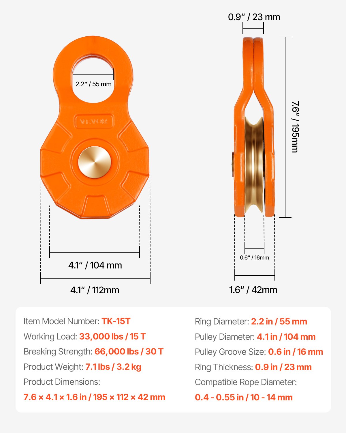 VEVOR Polea para Recuperación de Cabrestante de Resistencia a la Rotura de 30 T con Cuerda de Diámetro de 10 - 14 mm, Accesorios de Rescate para Remolque y Rescate en Tractores, Camiones, ATV y UTV
