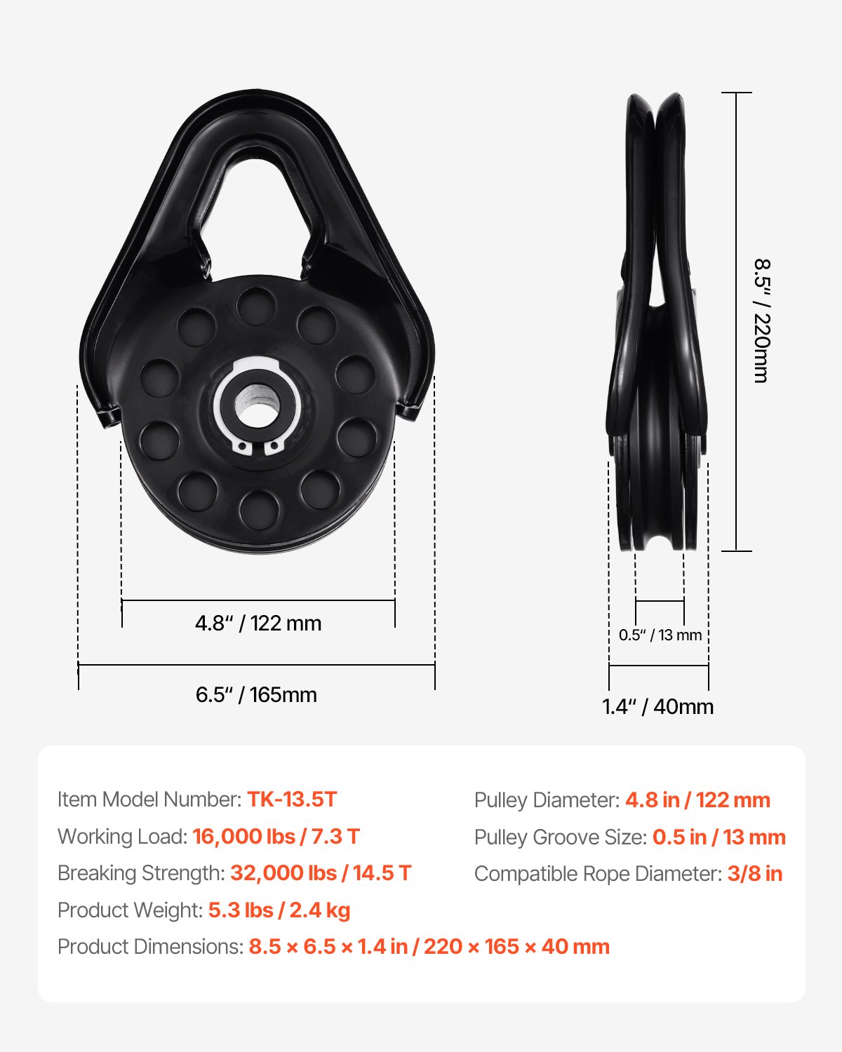 VEVOR Polea para Recuperación de Cabrestante de Resistencia a la Rotura de 14,5 T para Cuerda de Diámetro de 9,5 mm, Accesorios de Rescate para Remolque y Rescate en Tractores, Camiones, ATV y UTV