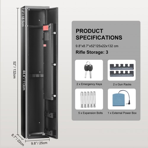 VEVOR Armario para Armas con Teclado Digital y Cerradura Caja Fuerte para Rifles 25 x 22 x 132 cm Gabinete para Rifle con Estante Extraíble, Estante para Pistolas para 3 Rifles y 4 Pistolas en Casa