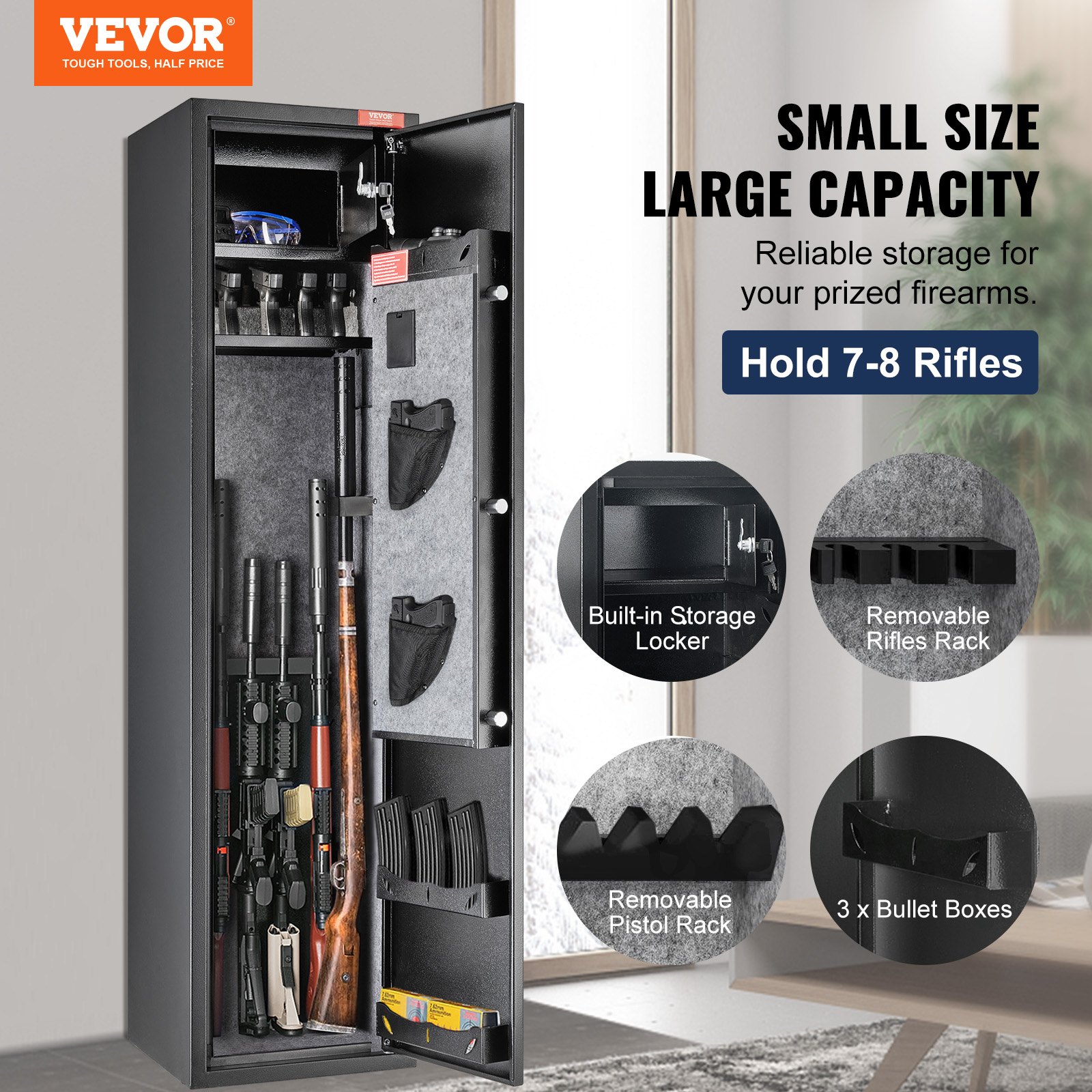VEVOR Caja Fuerte para 5 Rifles con Huella Dactilar y Cerradura Digital, Caja Fuerte de Armas con Casillero de Almacenamiento Incorporado y Estante Extraíble para Pistola y Pistola Larga en el Hogar
